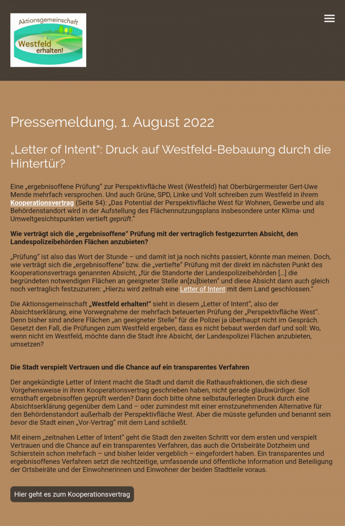 Update Ostfeld-Westfeld Nr. 24 vom 10. August 2022. Pressemitteilung der Aktionsgemeinschaft Westfeld erhalten.
