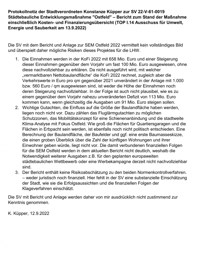 Protokollnotiz Küpper SEM Ostfeld 22-V-61-0019 Bericht zum Stand der Maßnahme und Kosten- und Finanzierungsübersicht 2022