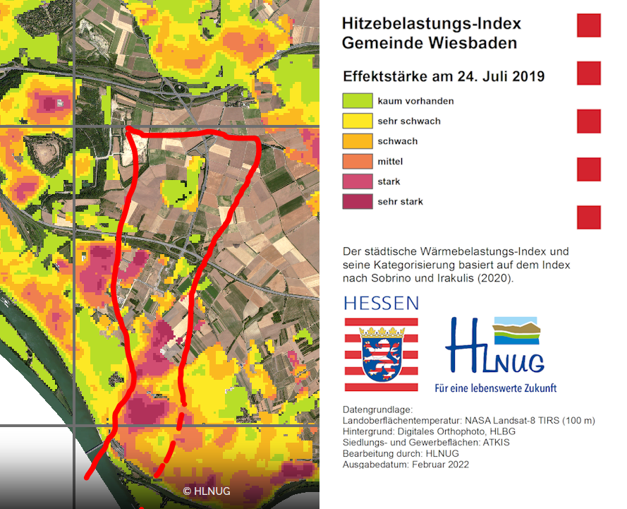 Ostfeld-Westfeld Update 37 vom 23. Juni 2023Hitzebelastungs-Index für Wiesbaden gemäß HLNUG (Hessisches Landesamt für Naturschutz, Umwelt und Geologie), Ausschnitt, bearbeitet. © HLNUG 2022